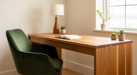 Cozy wooden desk by a window with green chair, lamp, open notebook, and small potted plants.