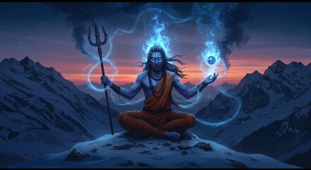 Mystical Ascetic Man Meditating on Snowy Mountain Peak at Twilight – Glowing Third Eye, Trident Beside Him, Blue Flames and Smoke Surrounding, Long Hair, Powerful Spiritual Fantasy Concept Art