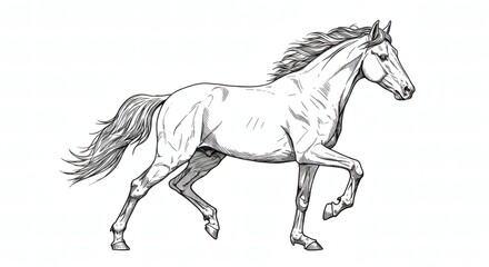 Elegant Galloping Horse Side View in Dynamic Motion – Black Ink Line Art on White Background, Detailed Mane and Muscular Form, Vintage Engraving Style for Tattoos, Posters, or Equestrian Designs