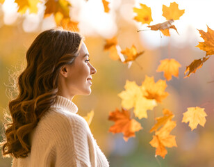 Woman Autumn Leaves Park Smile.
