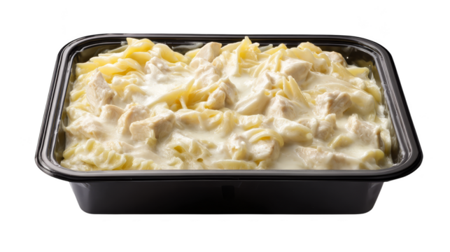 Delicious creamy chicken alfredo on a black background, classic italian pasta dish.
