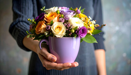 Woman holding colorful flower bouquet.