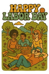 Labor Day celebration concept featuring patriotic elements, American workers, tools, and flags. Perfect for designs related to U.S. Labor Day, workers' rights, and national holidays. Suitable for bann