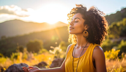 Woman meditating sunset mountains.