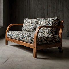 A contemporary leather sofa in a comfortable living room with wooden interior design and pillows for a place to relax