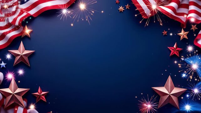 Patriotic animated background featuring waving American flags, sparkling fireworks, and 3D red, white, and blue stars on a dark blue backdrop.