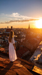 Woman Rooftop Sunset City View.