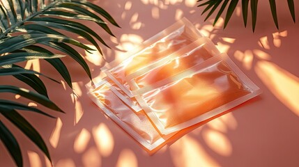 Face mask packets flatlay on clean background, skincare cosmetic product branding scene for beauty ad mockups