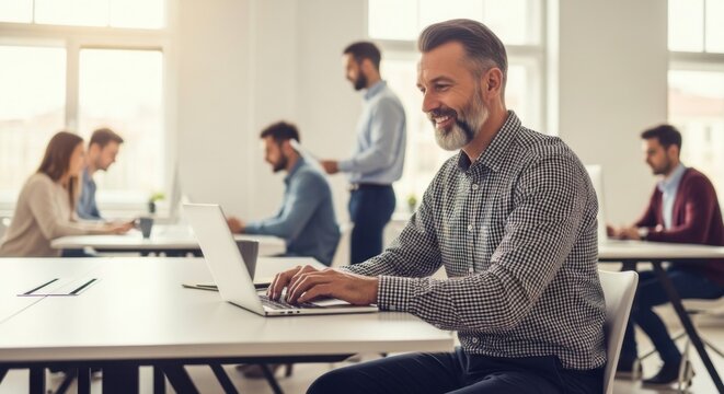 Focused businessman working on a laptop in a bright open-plan office environment surrounded by colleagues