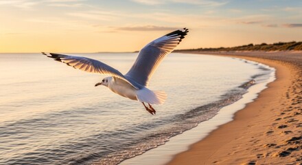 Fototapeta premium Seagull soars over golden beach at sunset