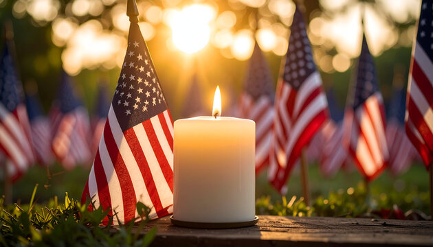 Sunset with Candle, American Flags, and Memorial. - Powered by Adobe