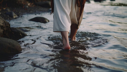 Woman walking barefoot in shallow water.