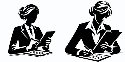 Business woman writing report. Corporate Finance Cartoon Minimal Clipart Line Art Vector Illustration. Female professional prepares official documentation at her workplace.