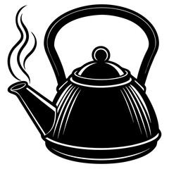 A black and white illustration of a classic stovetop kettle with steam rising from