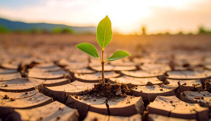 Young plant drought cracked soil sunset.