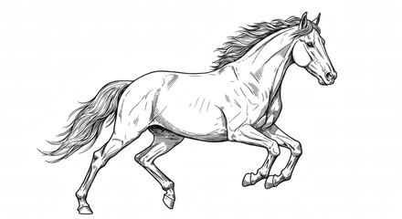 Elegant Galloping Horse Side View in Dynamic Motion – Black Ink Line Art on White Background, Detailed Mane and Muscular Form, Vintage Engraving Style for Tattoos, Posters, or Equestrian Design