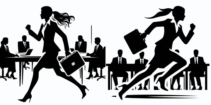 Business woman inspiring team. Corporate Finance Cartoon Minimal Clipart Line Art Vector Illustration. Female leader motivating group boosting morale encouraging job success.