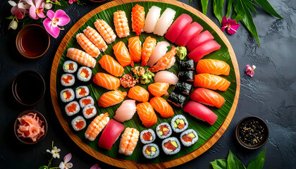 Fototapeta premium Top View Sushi Platter with Salmon, Tuna, Shrimp Nigiri and Rolls, Detailed Food Shot