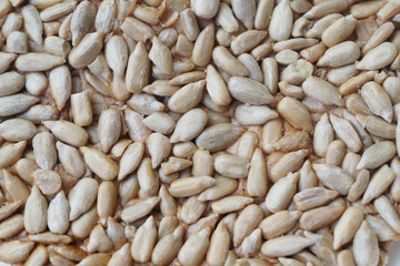 Sunflower seeds scattered on a wooden surface in daylight