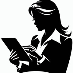 Business woman reading tablet. Corporate Finance Cartoon Minimal Clipart Line Art Vector Illustration. Executive lady studying portable computer career using gadget.