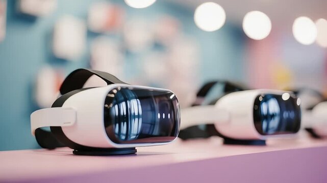 Row of VR headsets display with modern design on a pink surface