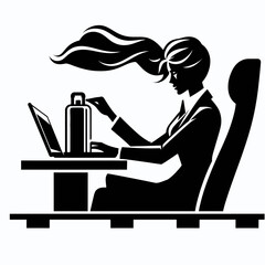 Business woman working train. Corporate Finance Cartoon Minimal Clipart Line Art Vector Illustration. Female entrepreneur job transit railway journey commuter professional activity.