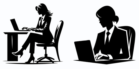 Business woman working remotely. Corporate Finance Cartoon Minimal Clipart Line Art Vector Illustration. Female professional doing job from home distant career occupation.