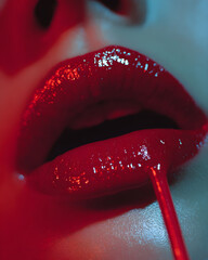 Red lipstick melting under dramatic lighting,