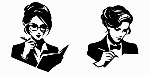 Business woman writing formula. Corporate Finance Cartoon Minimal Clipart Line Art Vector Illustration. Female professional crafting a plan scheme equation or principle.