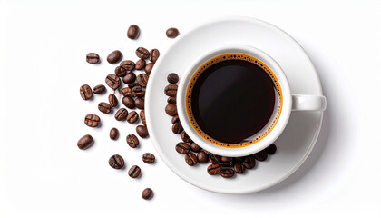 Obraz premium White Coffee Cup with Black Coffee and Beans on White Background