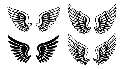Collection of four stylized black and white angel wing designs.