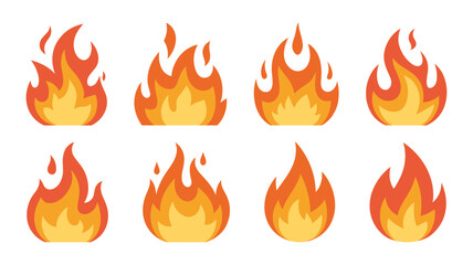 Collection of eight stylized cartoon flames in various shapes and sizes