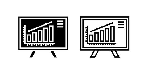 Presentation icon set. Black and White Outline Bar Graph Presentation Board Business Chart
