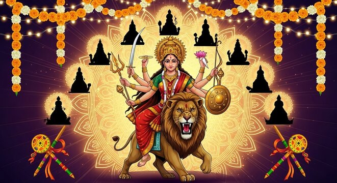 Illustration of Navadurga with Nine Forms Represented in a Traditional Style, Generative ai