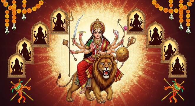 Illustration of Navadurga with Nine Forms Represented in a Traditional Style, Generative ai