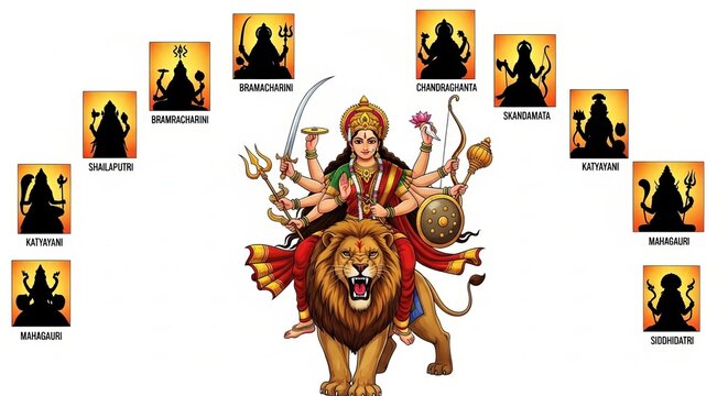 Illustration of Navadurga with Nine Forms Represented in a Traditional Style, Generative ai