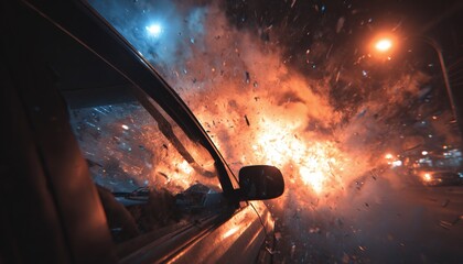Intense first-person view of a fiery explosion from inside a car with debris and shattered glass flying at night