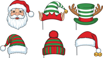 Christmas party hat collection illustration, Santa, elf, and reindeer headwear, festive holiday props design, seasonal costume accessories, cartoon style celebration elements