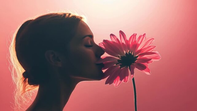 One woman smelling a flower against a pink background in a conceptual shot. Focus on the flower and the sense of smell, relaxing.