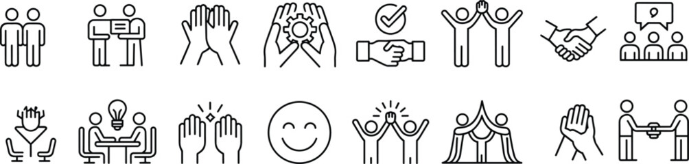 Business teamwork and collaboration icons, corporate success concept illustration, handshake and group idea exchange symbols, leadership vector set, innovation and partnership graphic design