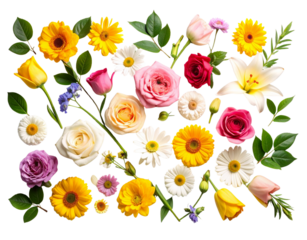 Romantic Vintage Style Bouquet of Blooming Flowers with Soft Pastel Tones, Angled Side View, Transparent Background.