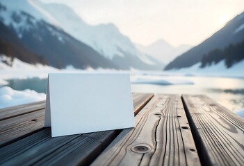 Blank white card mockup on rustic wood with beach and mountain background. Ideal for branding, message template, marketing, presentation, and summer nature-themed design scenes.

