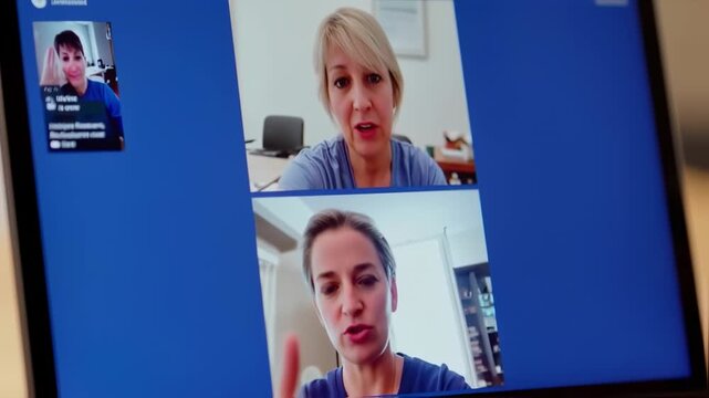 Video call Three women talking on computer screen.
