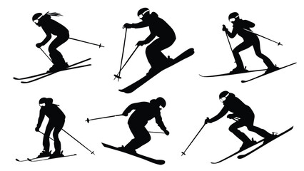 Silhouettes of skiers in various poses skiing downhill on a white background with ski poles used