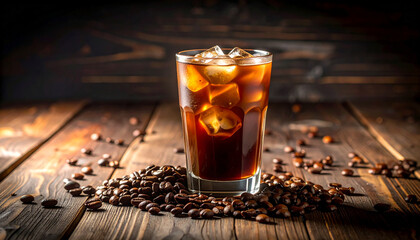 Iced Coffee in Glass with Scattered Beans on Wood, Dark Moody Lighting
