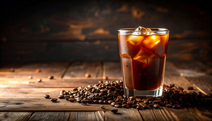 Iced Coffee in Glass with Scattered Beans on Wood, Dark Moody Lighting