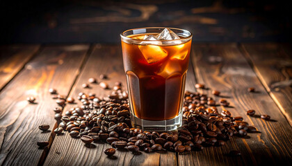 Iced Coffee in Glass with Scattered Beans on Wood, Dark Moody Lighting
