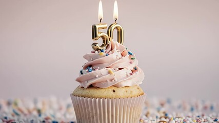 Golden number fifty candles on a frosted cupcake celebrating a milestone - Powered by Adobe