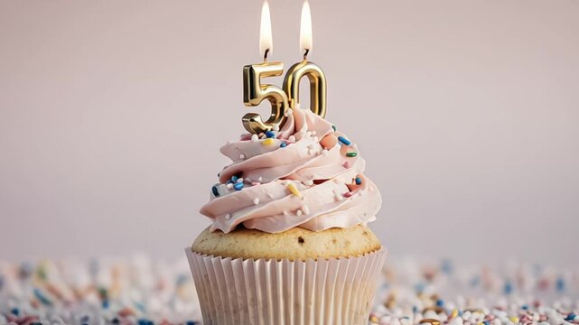 Golden number fifty candles on a frosted cupcake celebrating a milestone