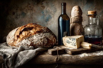 Rustic still life featuring a red wine bottle, crusty bread, and wedge of cheese on wooden table